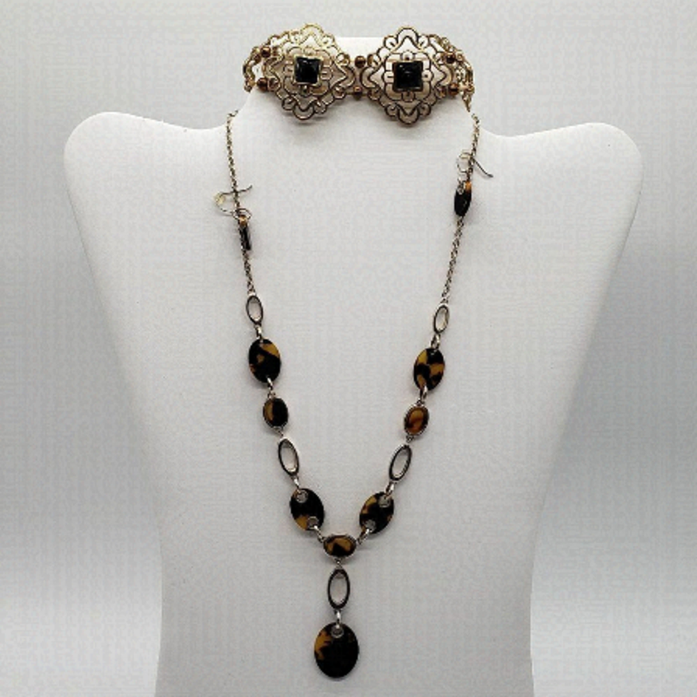 Vintage Costume Tigers Eye Tear Drop Necklace Earring Set & Black Gold Bracelet